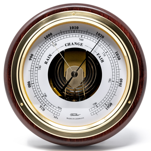 German made analog barometer with brass bezel and wooden frame for home weather monitoring