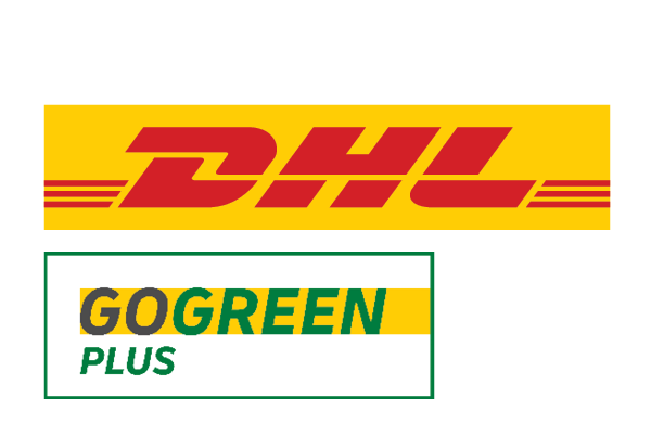 DHL logo with GoGreen Plus eco-friendly shipping badge, yellow background.
