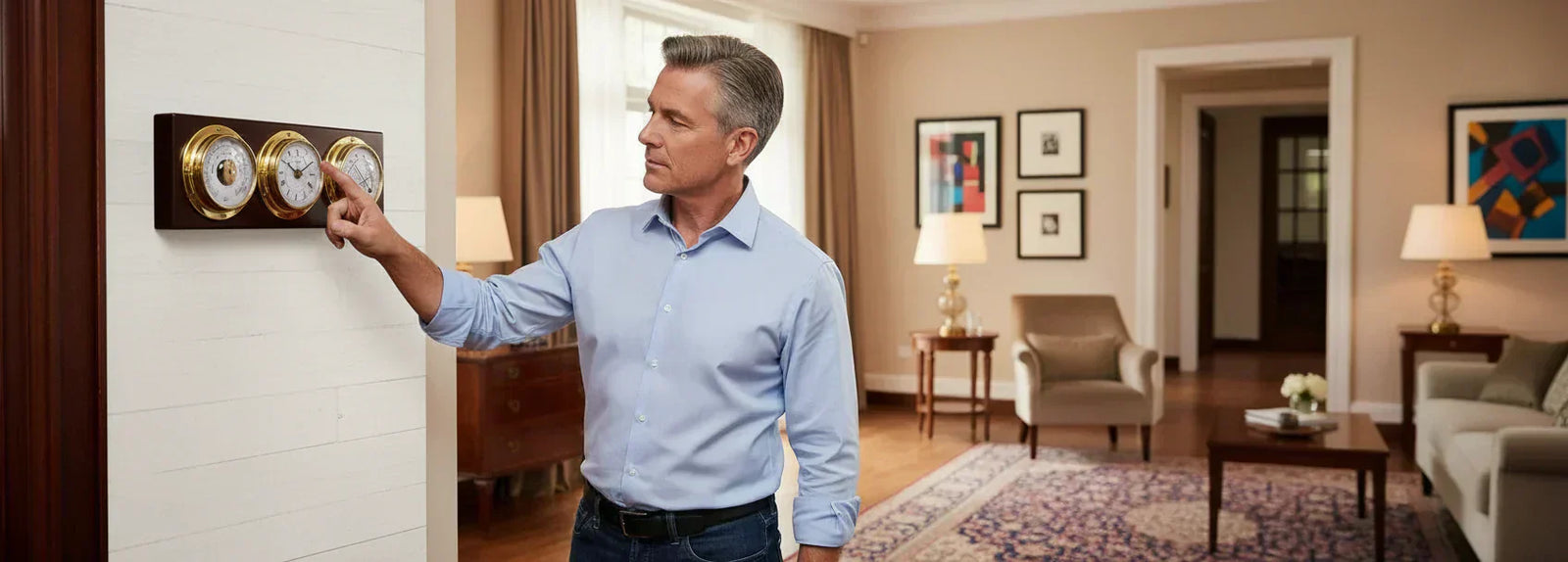 Man adjusting wall-mounted weather station with barometer, hygrometer, tide clock in living room