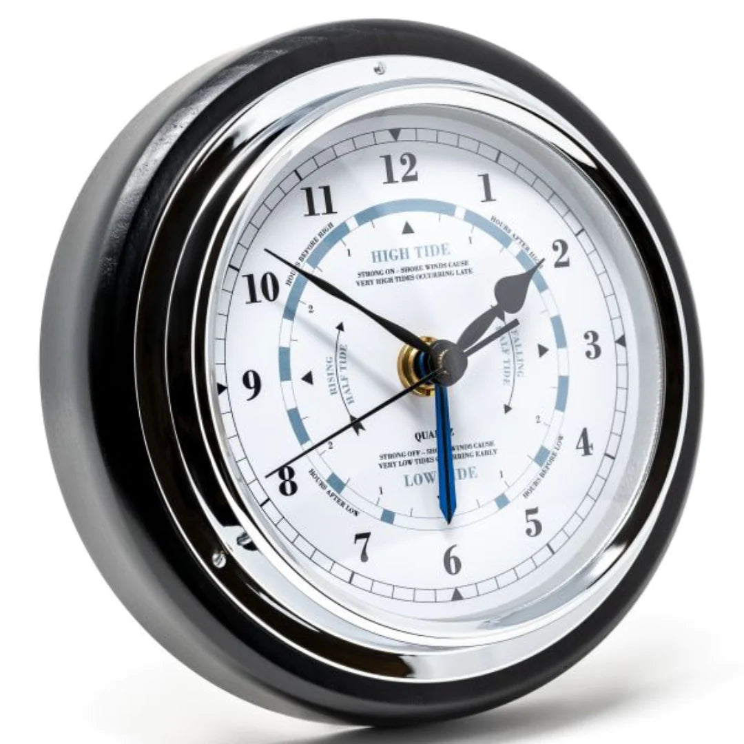 Analog tide clock with white face, chrome bezel, and black frame for nautical weather tracking
