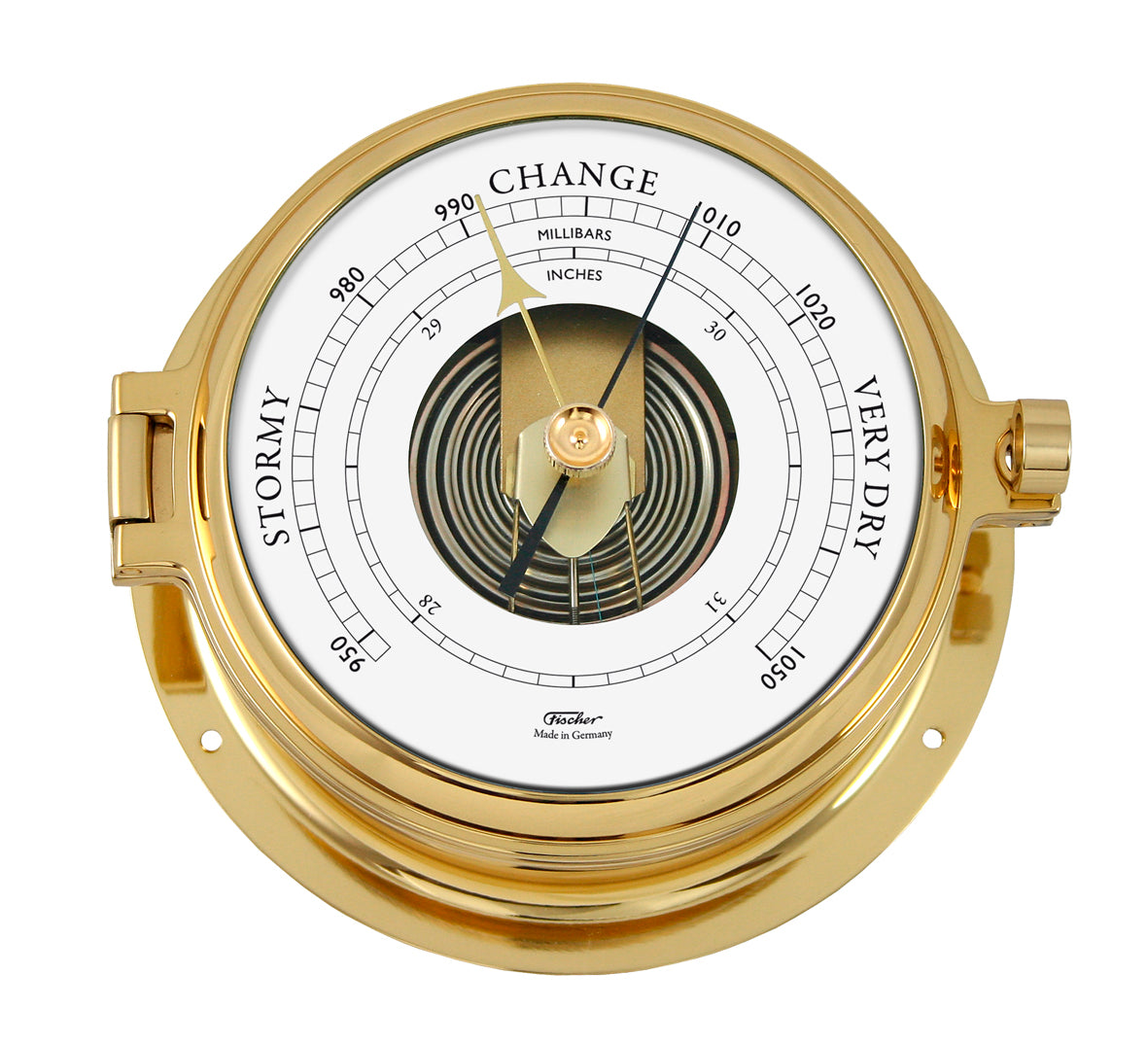 Gold nautical wall barometer with analog weather dial showing stormy to very dry