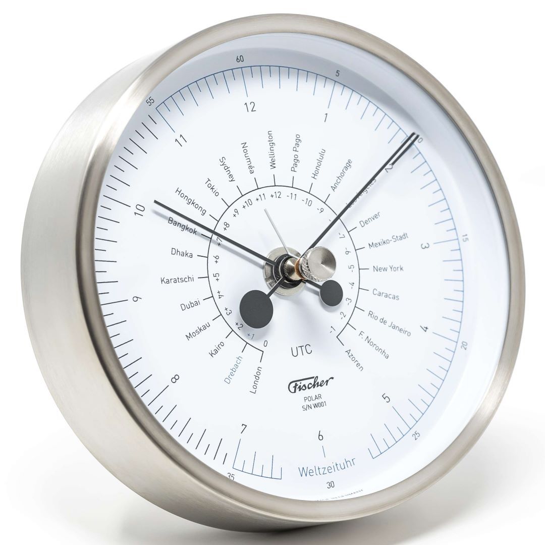 Designer POLAR Instruments - World Time Clock Brushed Stainless