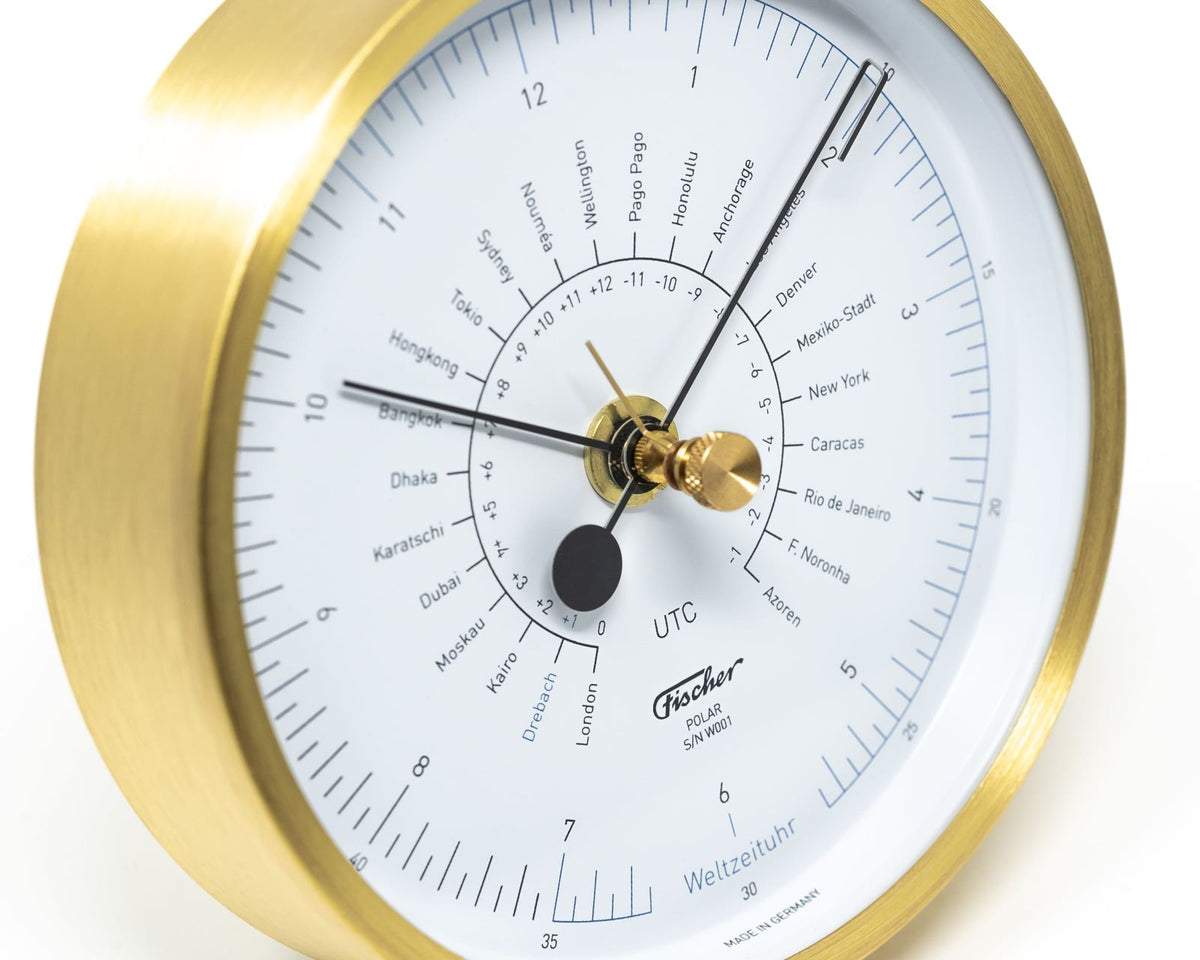 Designer POLAR Instruments - World Time Clock Brushed Brass