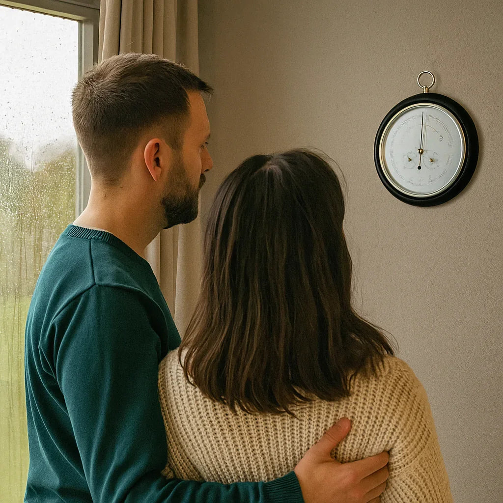 Couple looking at a round wall-mounted barometer in a cozy indoor setting