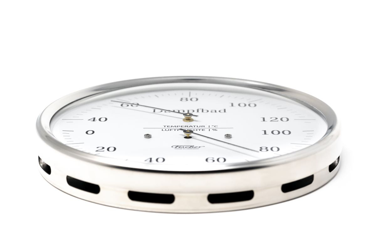 German-made round wall thermometer and hygrometer with white face and stainless bezel