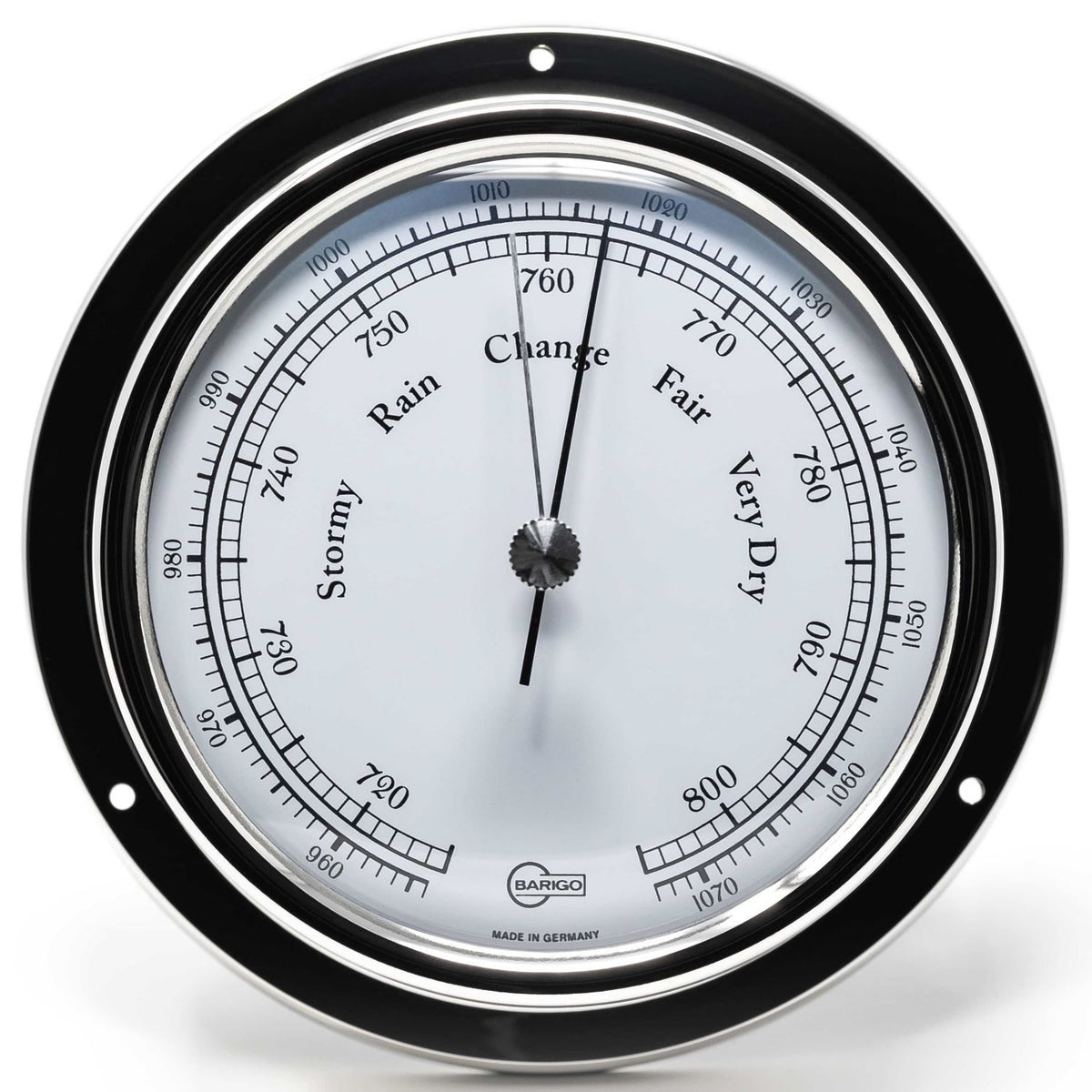 German made barometer with black frame, weather dial and pressure gauge for home or nautical use
