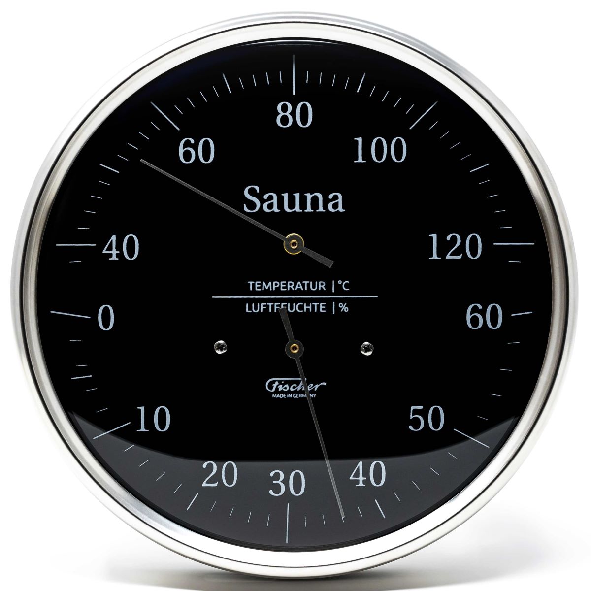 Sauna thermometer and hygrometer with black dial, silver frame, German made, temperature and humidity display