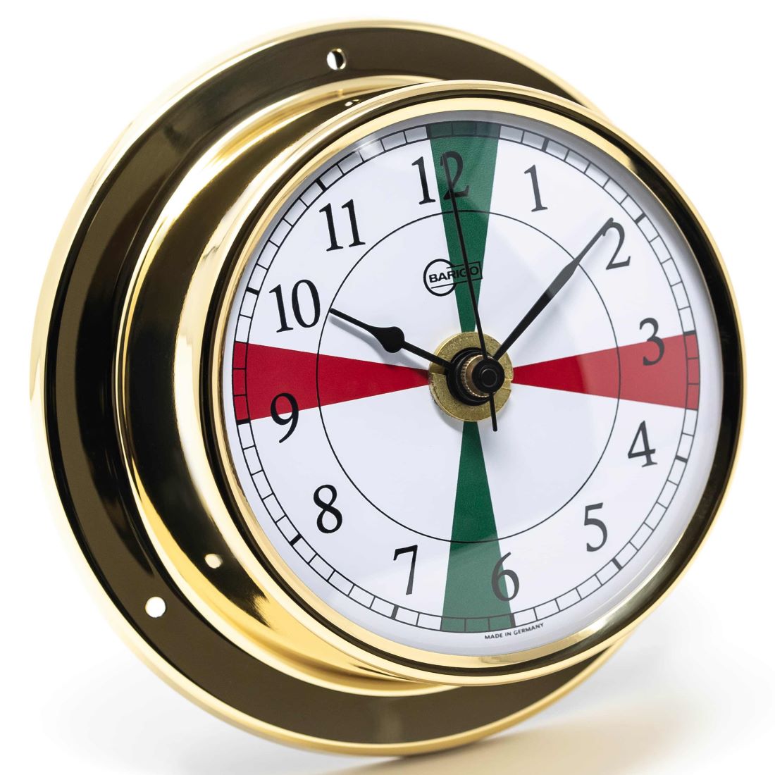 Brass nautical wall clock with green and red tide markings, German made