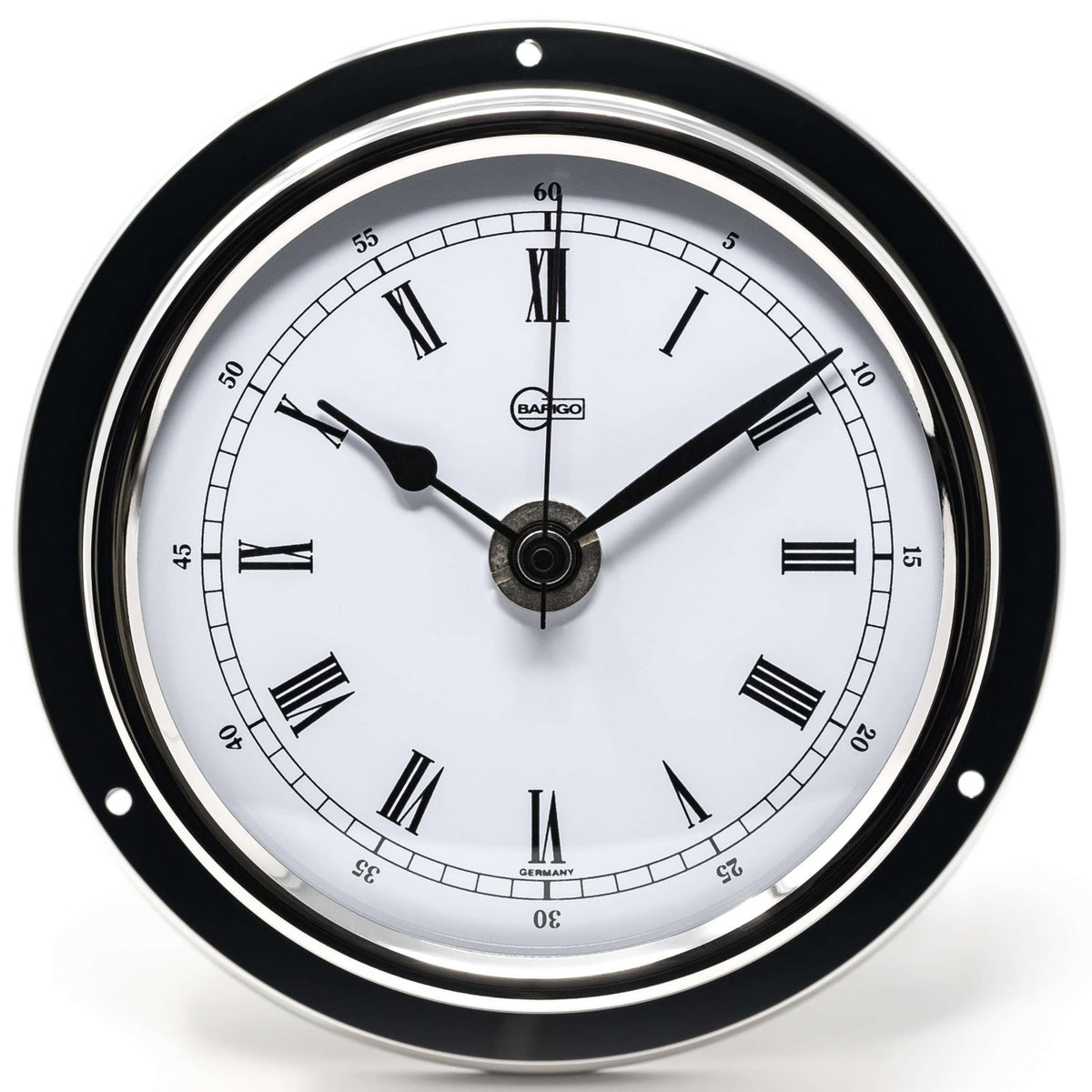 Round German-made wall clock with Roman numerals and black metal bezel, nautical style.