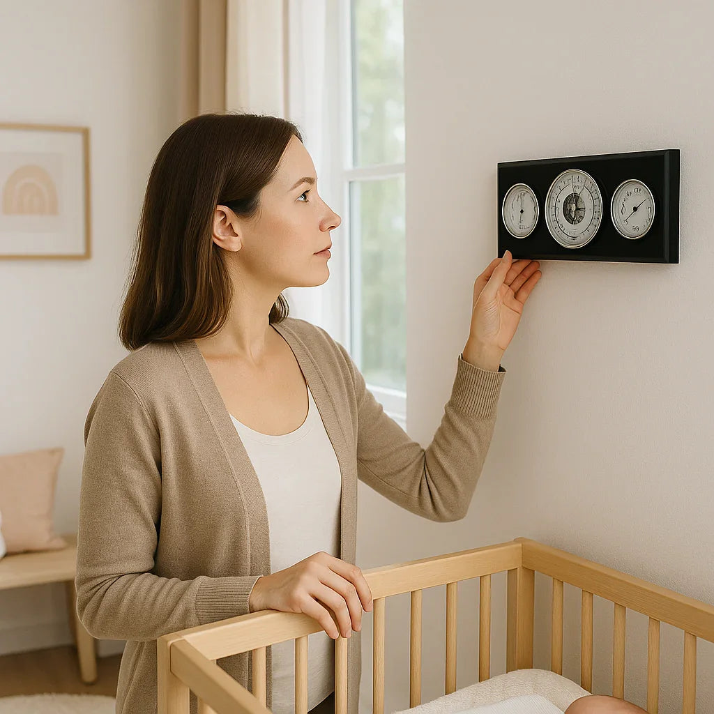 Woman adjusting modern ebony and chrome wall weather station with barometer, hygrometer, clock