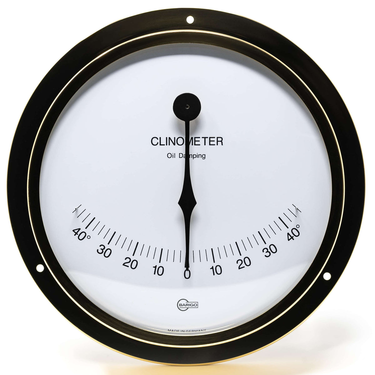 German-made analog clinometer with oil damping in a black metal frame, nautical equipment