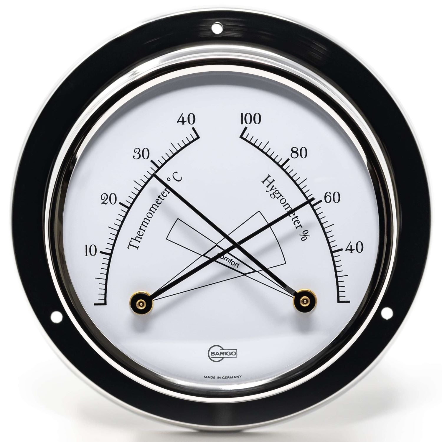 Round German-made wall-mount thermometer and hygrometer with black frame.