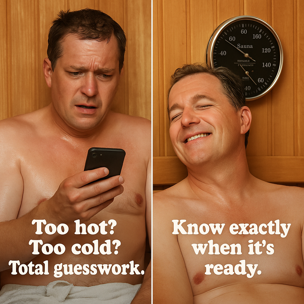 Comparison of a man guessing sauna temperature with a phone and relaxing with a sauna thermometer