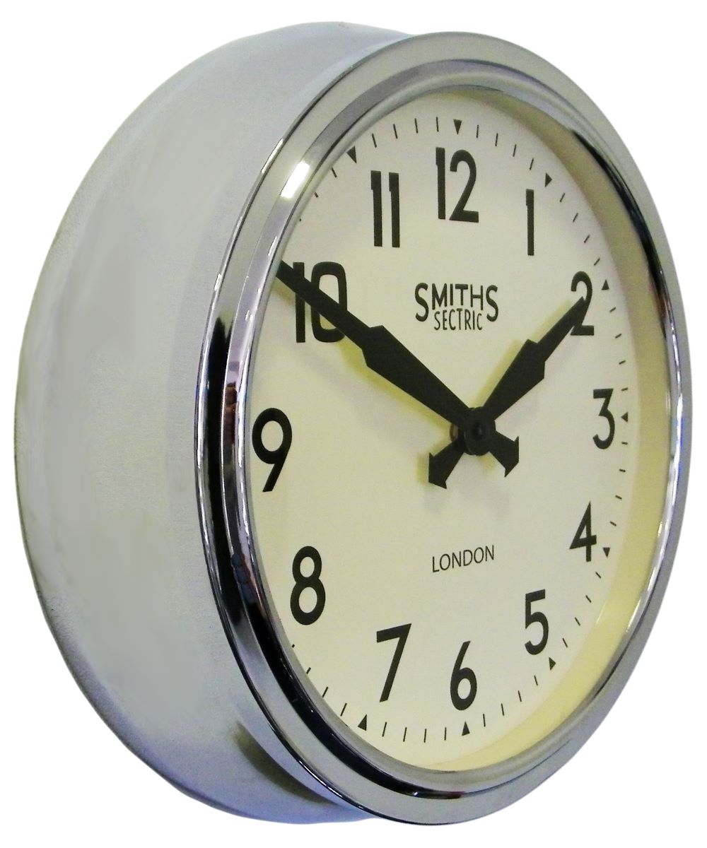 Chrome wall clock with white dial, black numbers and hands, vintage style indoor clock