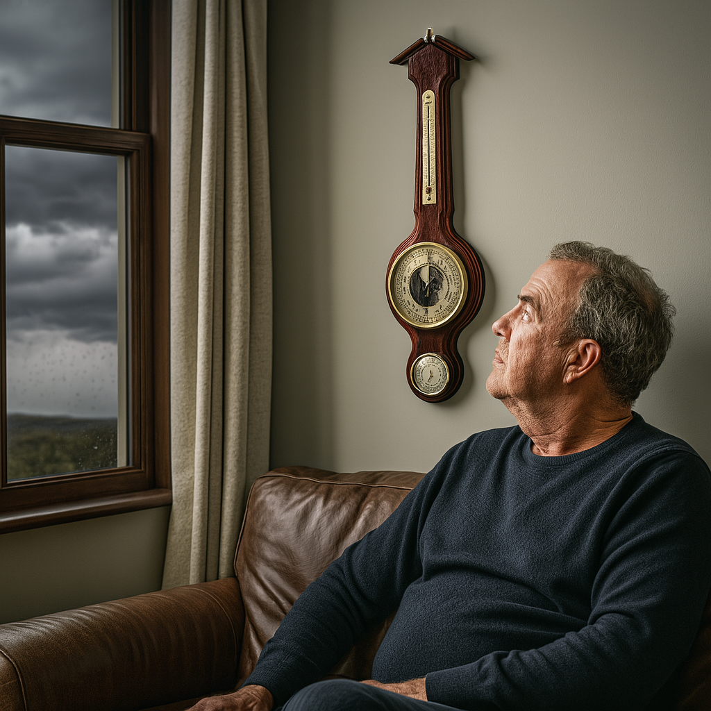 Man indoors looking at wall-mounted mahogany weather station barometer and hygrometer
