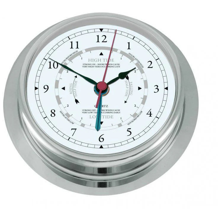 Stainless steel round tide clock with high and low tide indicators, nautical style.
