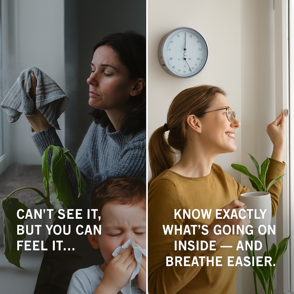 Split image showing a woman and child coping with humidity and a woman smiling by a wall-mounted indoor thermometer hygrometer next to a window and plant.