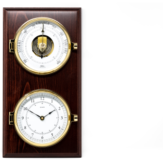 Impressive Porthole Brass Barometer & Time Clock on Mahogany Base