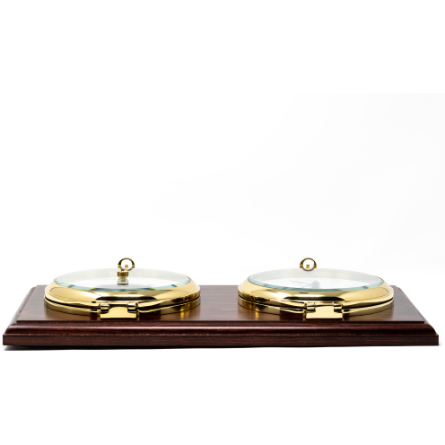 Impressive Porthole Brass Barometer & Time Clock on Mahogany Base