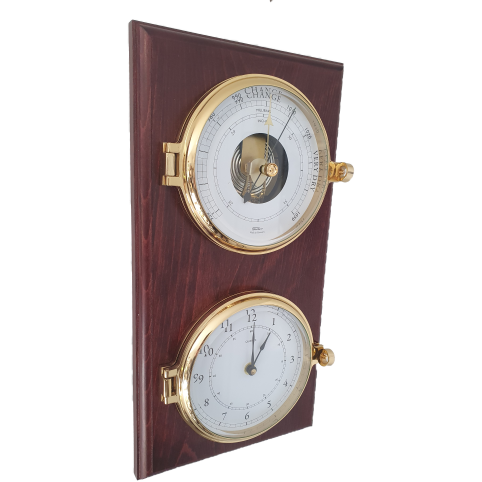 Impressive Porthole Brass Barometer & Time Clock on Mahogany Base