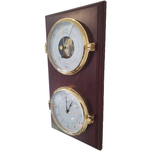 Impressive Porthole Brass Barometer & Time Clock on Mahogany Base