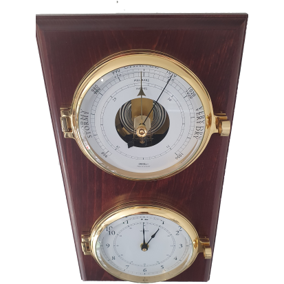 Impressive Porthole Brass Barometer & Time Clock on Mahogany Base