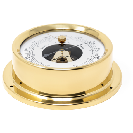 Gold brass wall barometer with clear dial for measuring atmospheric pressure