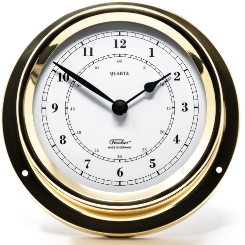 German-made gold-rimmed quartz clock with white face, black hands, and nautical design