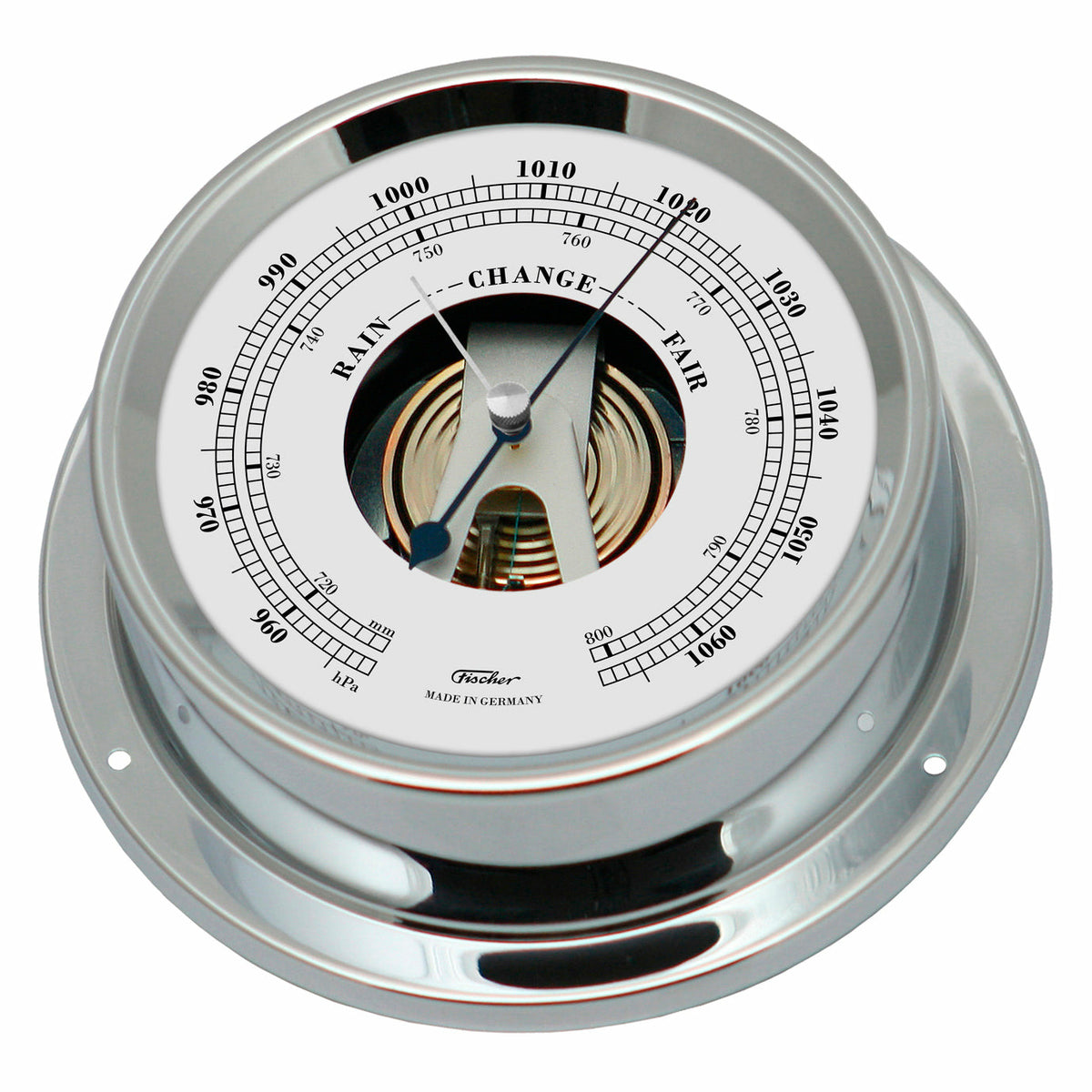 Chrome analog barometer with white dial for weather and air pressure measurement