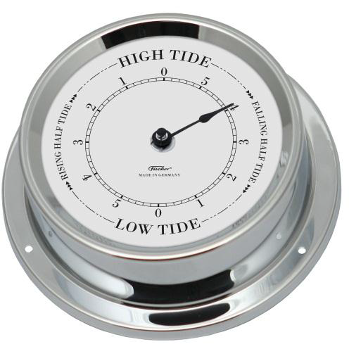 German-made nautical tide clock with chrome bezel showing high and low tide markings.
