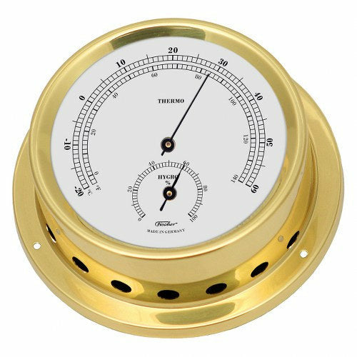 Gold brass analog thermometer and hygrometer combo with white dial for indoor climate measurement