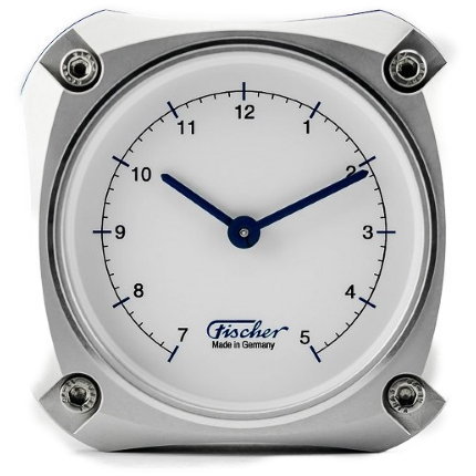 German-made nautical clock with white dial, bold black numerals, and metal square frame