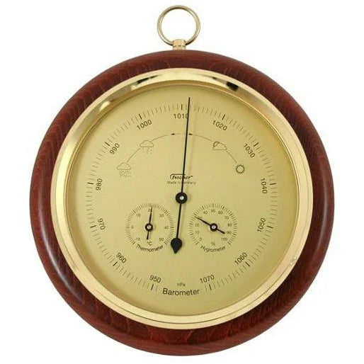 Classic round analog barometer with gold bezel, thermometer, hygrometer, wooden frame