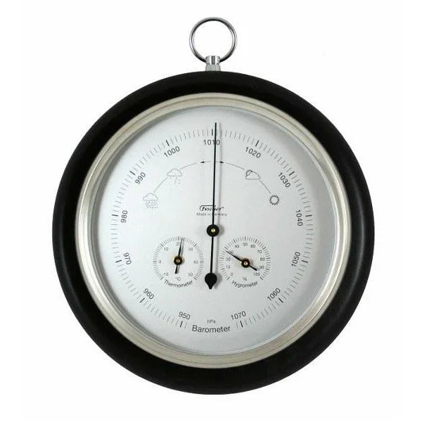 Round wall barometer with thermometer and hygrometer, black frame, white dial, German weather instrument