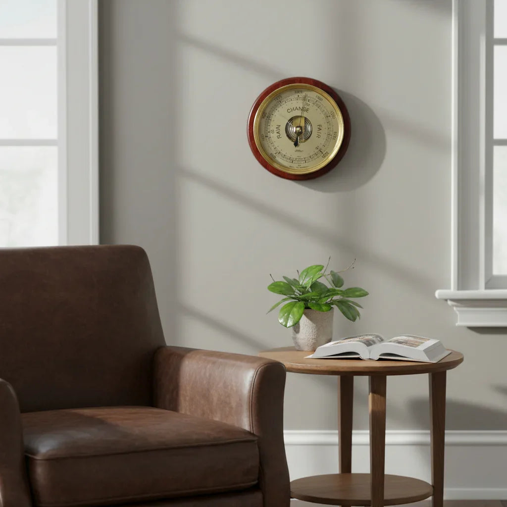 Classic wall-mounted barometer with gold dial in a cozy living room setting