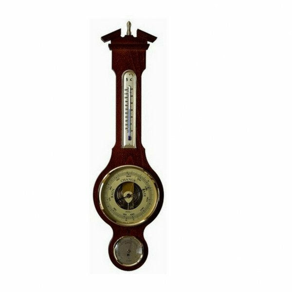 Classic wooden wall barometer with thermometer and hygrometer, nautical weather station.