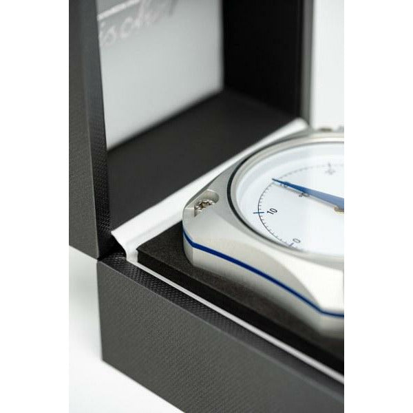 Stainless steel barometer with white dial in a black gift box, precision weather instrument
