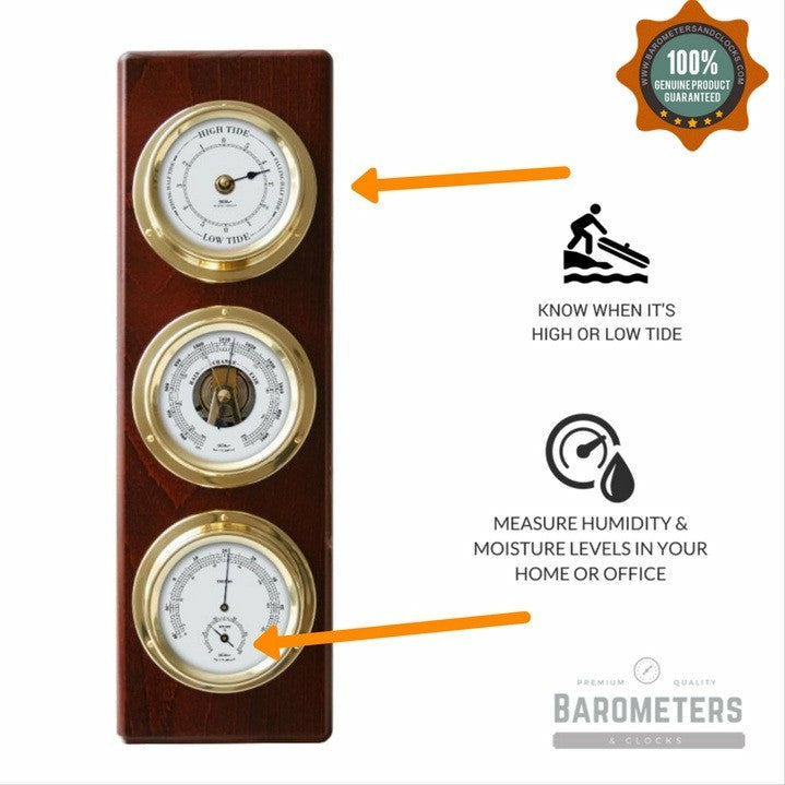 Modern Mahogany & Brass Weatherstation – 4-in-1 Hygrometer, Barometer, Thermometer & Tide Clock