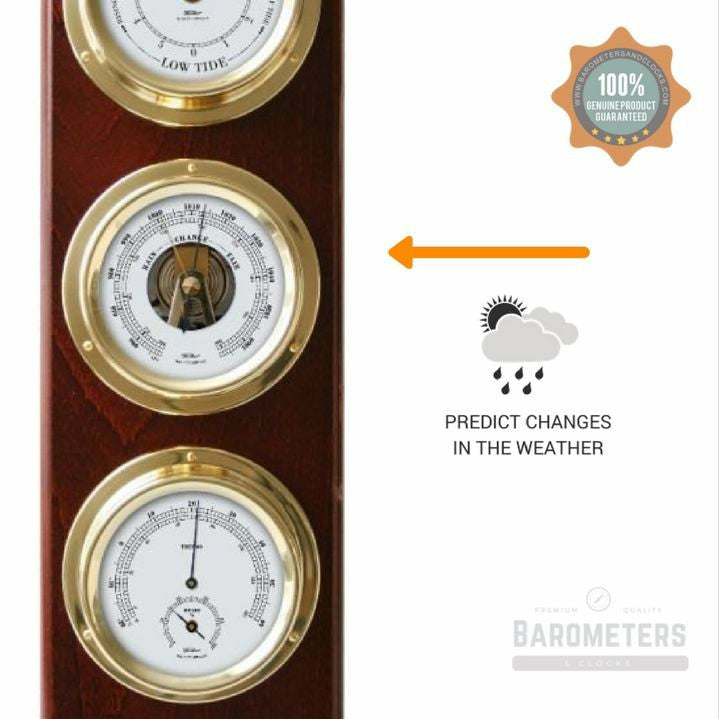 Modern Mahogany & Brass Weatherstation – 4-in-1 Hygrometer, Barometer, Thermometer & Tide Clock