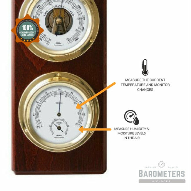 Modern Mahogany & Brass Weatherstation – 4-in-1 Hygrometer, Barometer, Thermometer & Quartz Clock
