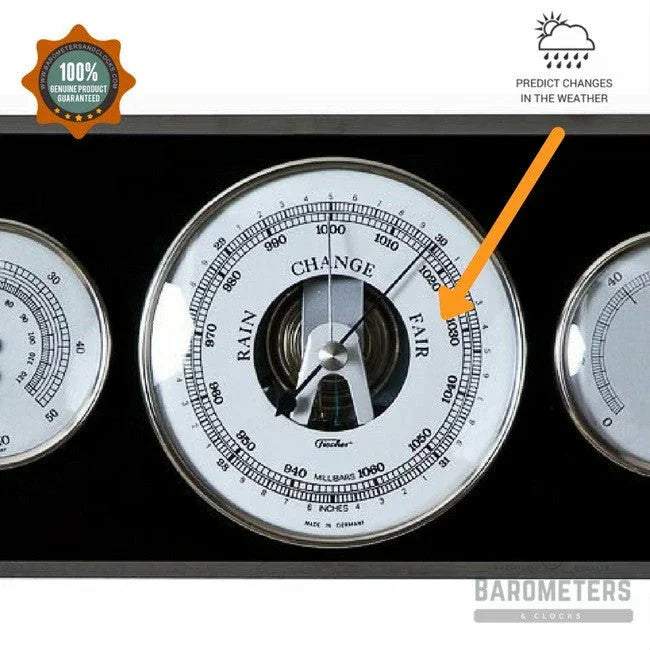 Modern black and chrome wooden weather station with barometer, hygrometer, and thermometer dials