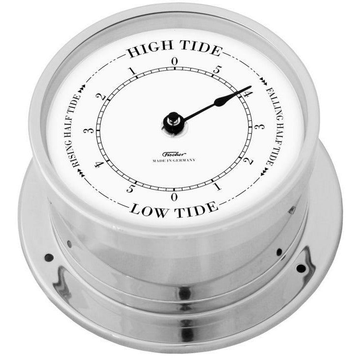 German-made tide clock with stainless steel frame and high tide, low tide indicators