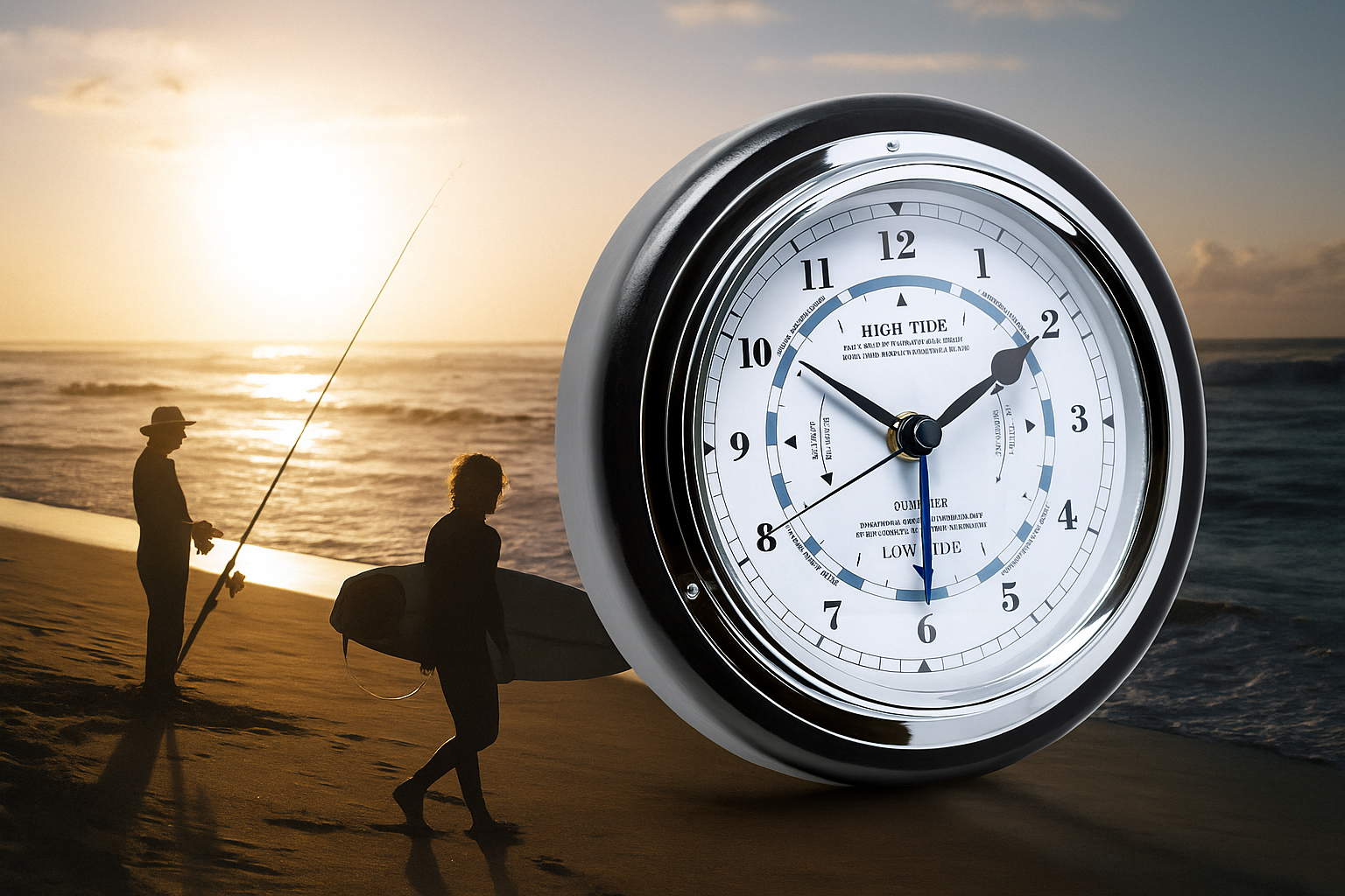 Nautical tide clock with chrome finish on beach at sunset, silhouettes of fisherman and surfer.