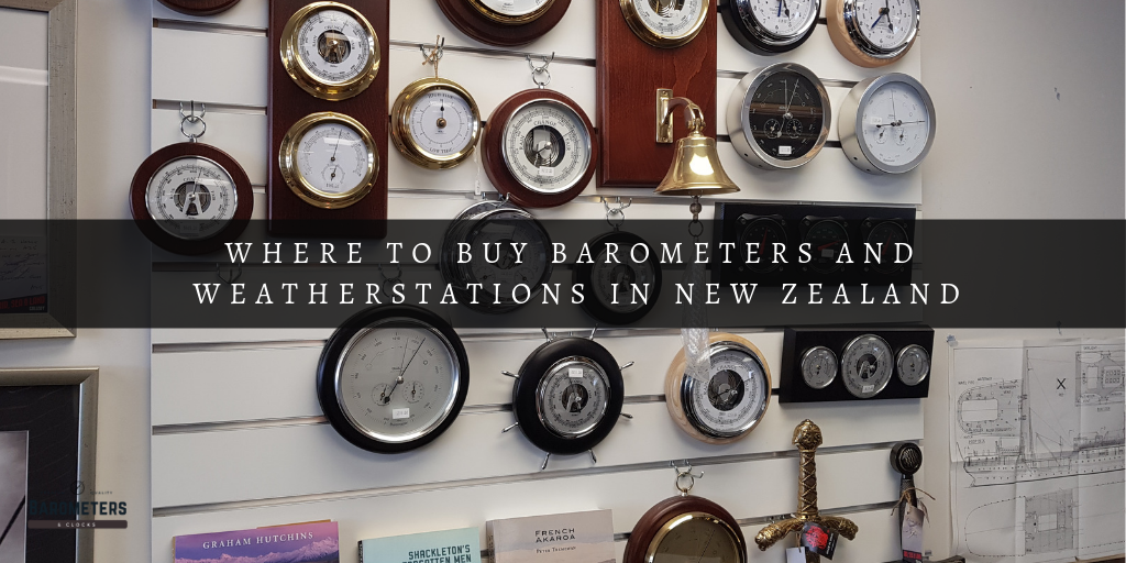 Wall display of barometers, weather stations, and nautical instruments in New Zealand shop