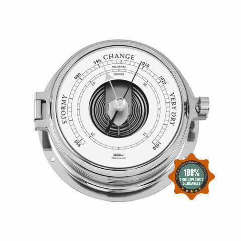 German made chrome nautical barometer with analog dial for measuring air pressure