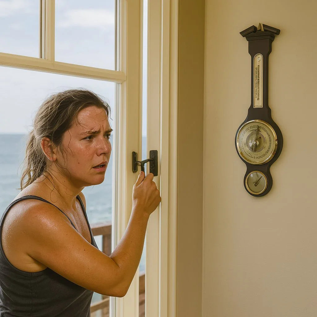 Woman indoors by window, looking concerned at a wall-mounted German barometer and hygrometer.