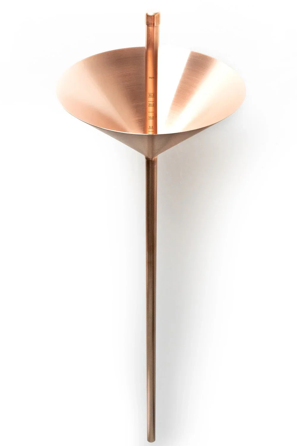 Copper rain gauge with measurement markings, German made weather instrument