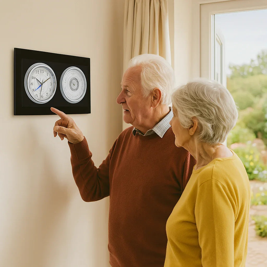 Elderly couple checking wall-mounted barometer and tide clock in a bright home setting
