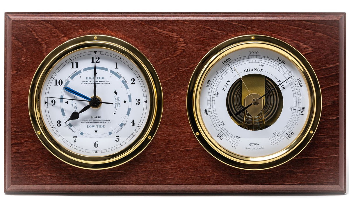Barometer &amp; Tide Clock Combo in Mahogany &amp; Brass – Perfect for Marine Enthusiasts