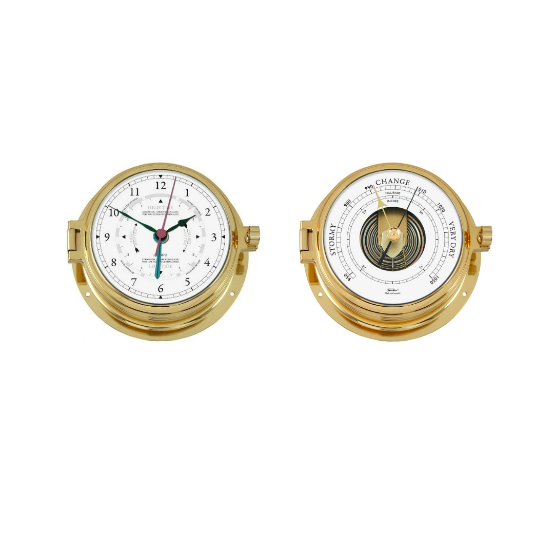 Brass tide clock and barometer combo with nautical design, mounted side by side